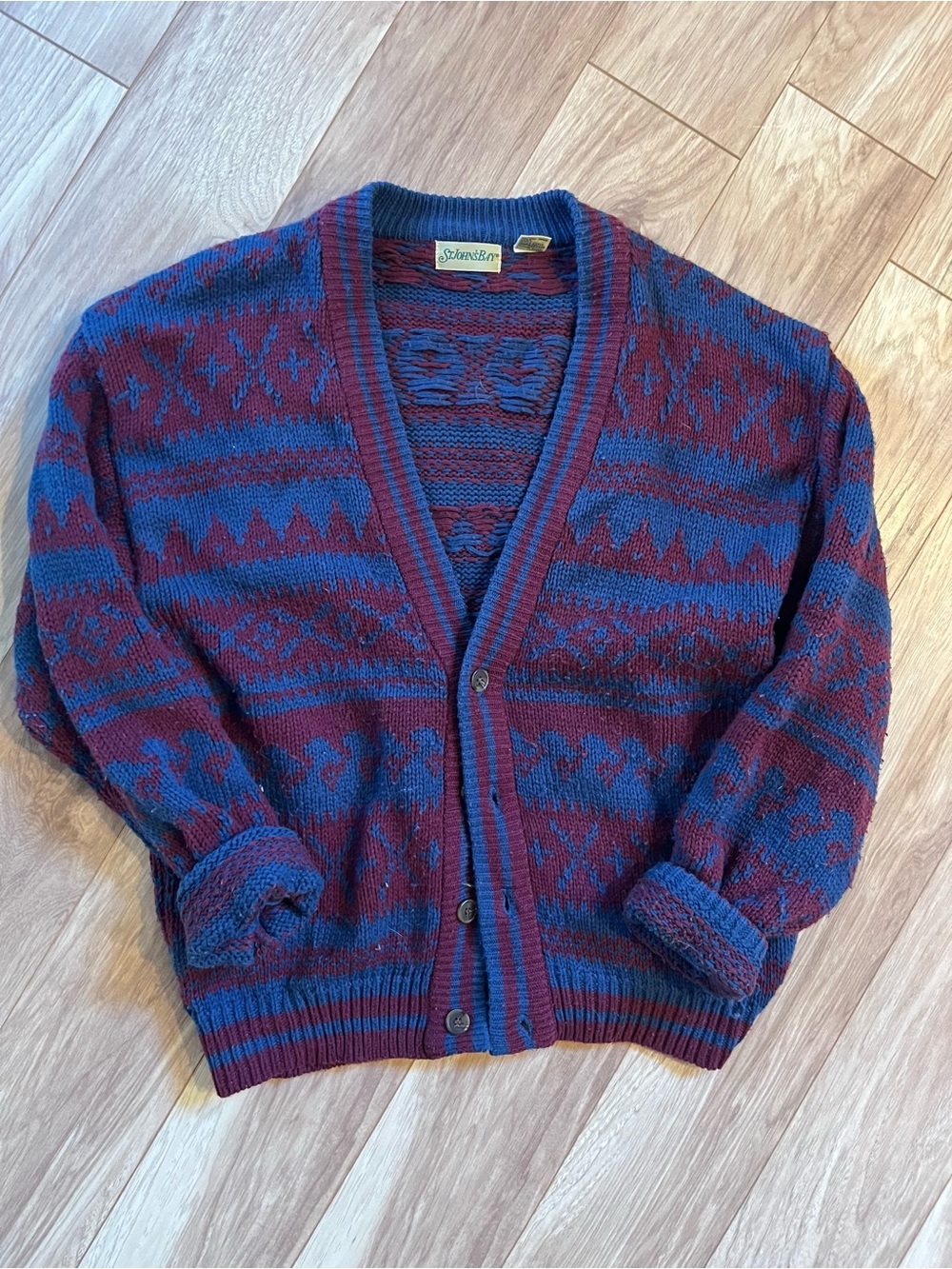 Vintage St. John’s Bay burgundy & blue knit cardigan sweater